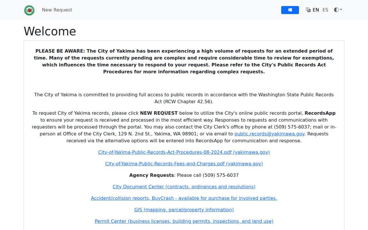 City of Yakima RecordsApp public records request portal