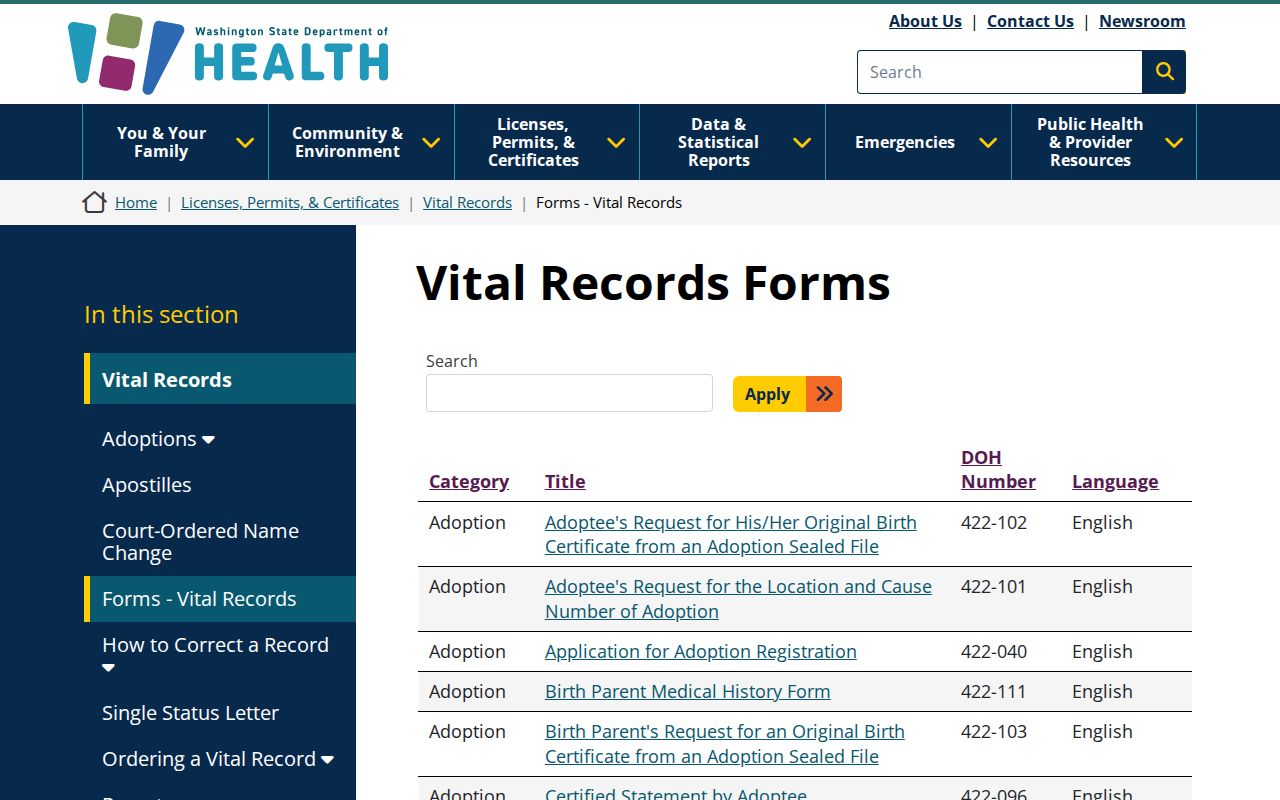 Washington Department of Health vital records forms page