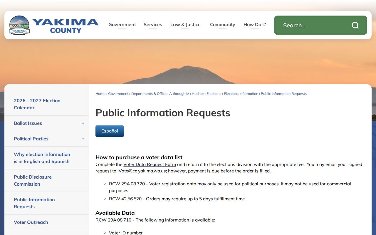 Yakima County voter data public information request page